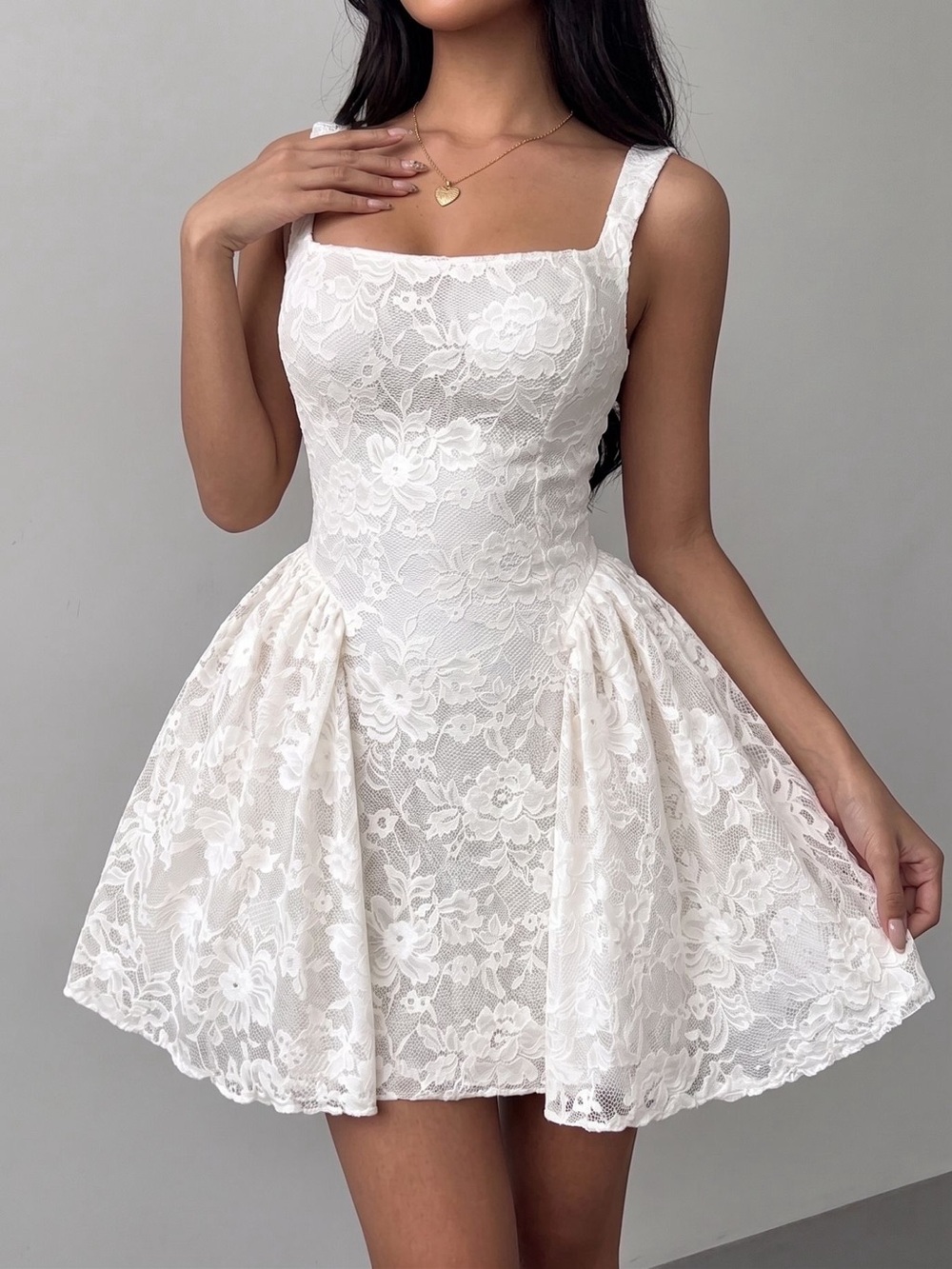Ivory Lace Square-Neck Mini Dress